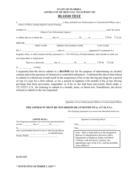 BAR1003 Affidavit of Refusal to Submit to Blood Test first page