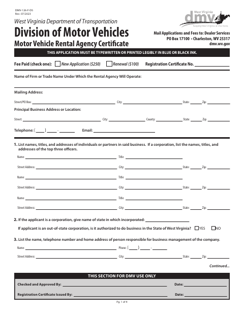 DMV-126-F-DS Motor Vehicle Rental Agency Certificate first page