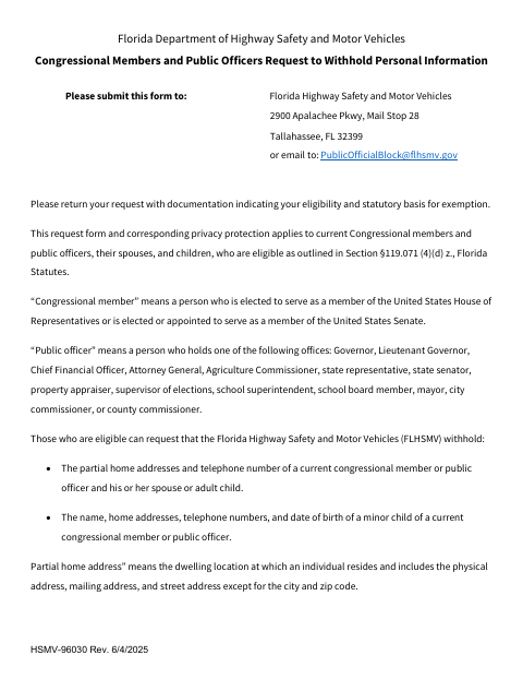 HSMV-96030 Request to Withhold Personal Information first page