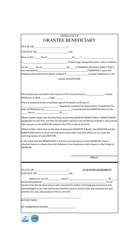 Affidavit of Grantee Beneficiary, Grady County form, first page