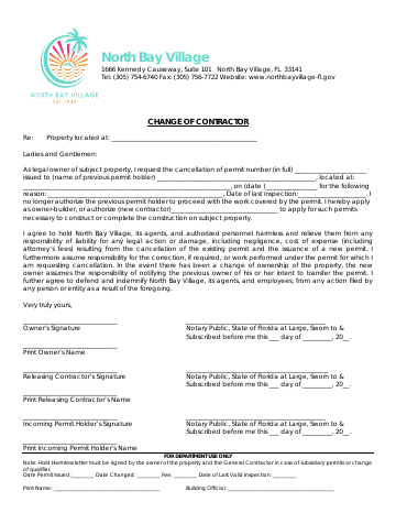 First page of the Change of Contractor