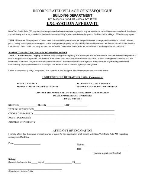 First page of the Excavation Affidavit