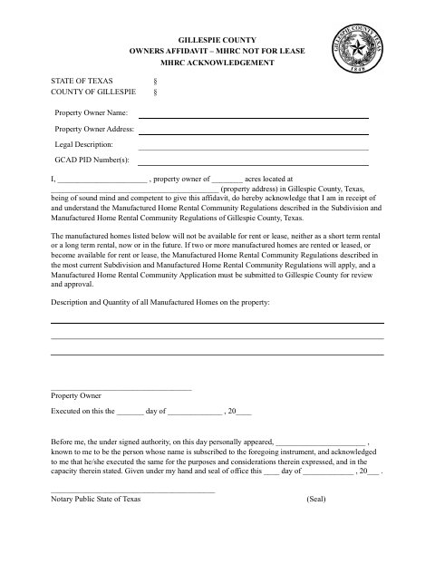 Owners Affidavit for MHRC Not for Lease, Gillespie County form, first page