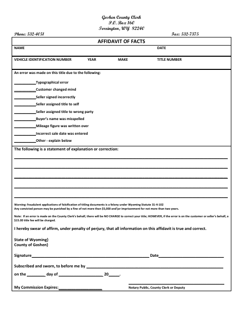 Affidavit Of Facts, Goshen County form, first page