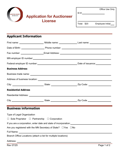 First page of the Auctioneer License Application