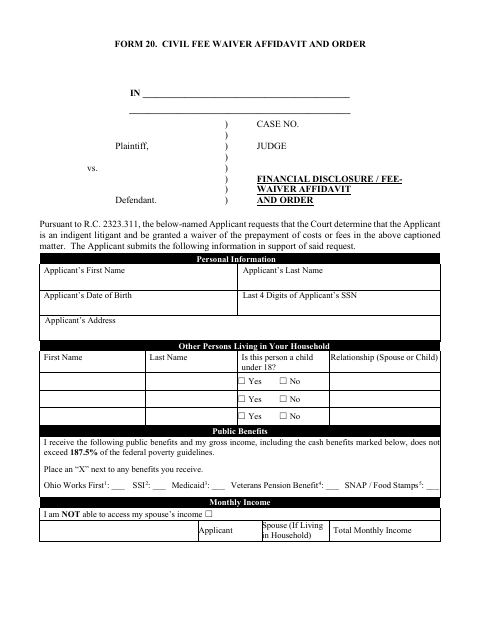 Civil Fee Waiver Affidavit and Order, Williams County form, first page