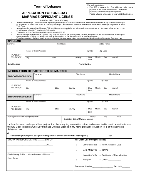 First page of the Application for One-Day Marriage Officiant License