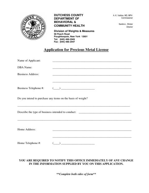 Application for Precious Metal License, Dutchess County form, first page