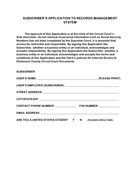 Subscriber Application to Records Management System, Dickenson County form, first page
