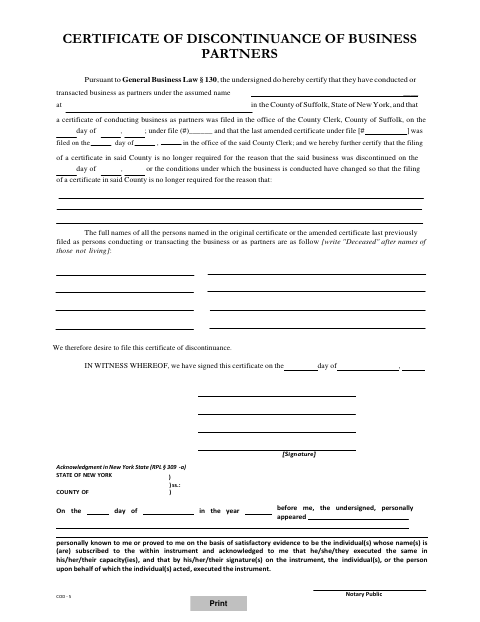 Certificate of Discontinuance of Business Partners, Suffolk County form, first page