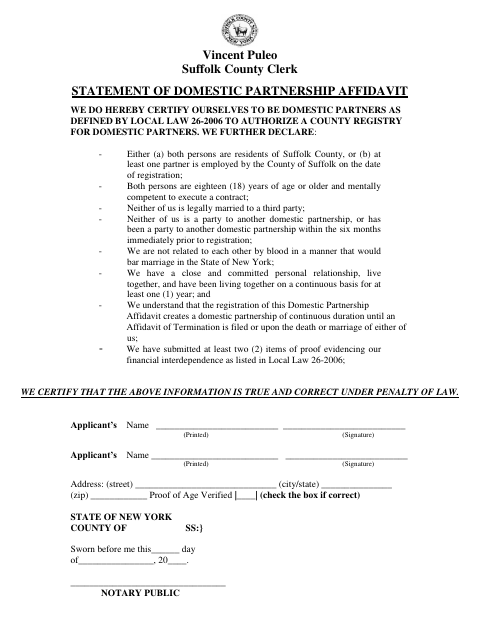 Statement Of Domestic Partnership Affidavit, Suffolk County form, first page