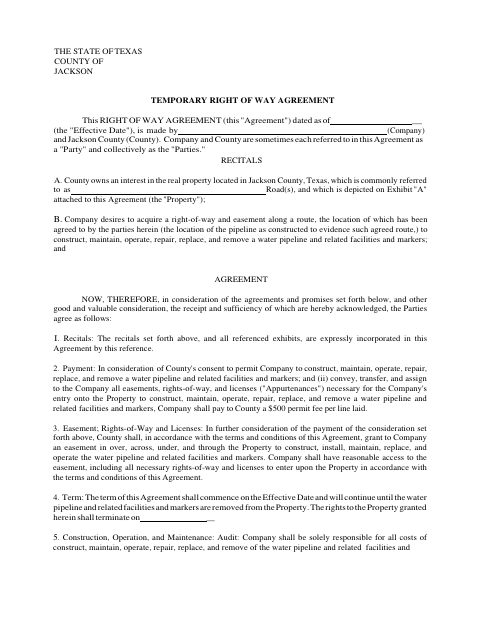 Temporary Right of Way Agreement, Jackson County form, first page