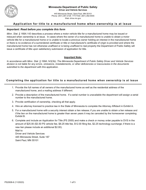 PS2008-6 Application for Title to a Manufactured Home When Ownership Is at Issue first page