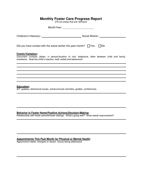 First page of the Monthly Foster Care Progress Report