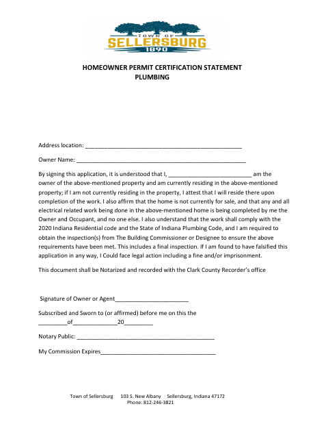 First page of the Homeowner Permit Certification Statement – Plumbing