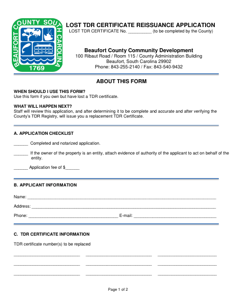 Lost TDR Certificate Reissuance Application, Beaufort County form, first page