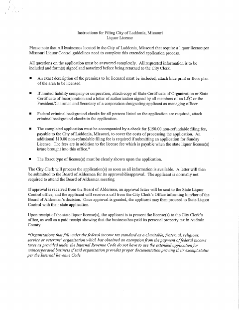 First page of the Liquor License Application