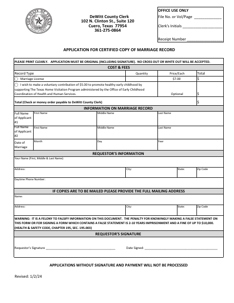 First page of the Application for Certified Copy of Marriage Record