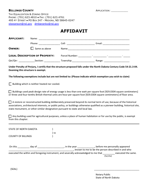 Affidavit, Billings County form, first page