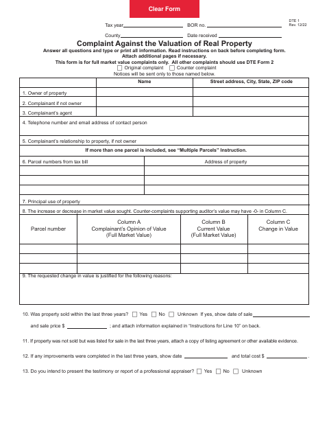 Complaint Against the Valuation of Real Property, Williams County form, first page