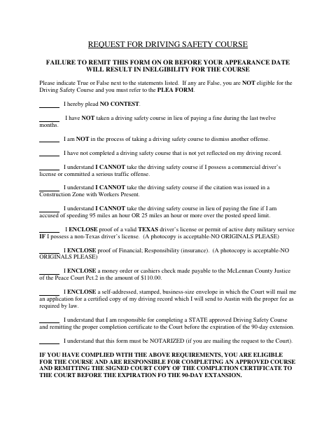 Request for Driving Safety Course, McLennan County form, first page