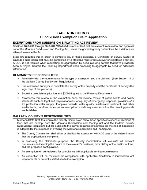 Subdivision Exemption Claim Application, Gallatin County form, first page