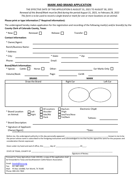 Mark and Brand Application, Colorado County form, first page