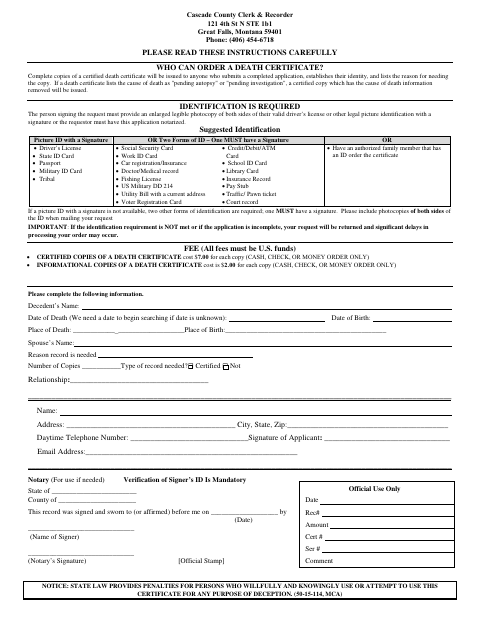 Death Certificate Application, Cascade County form, first page