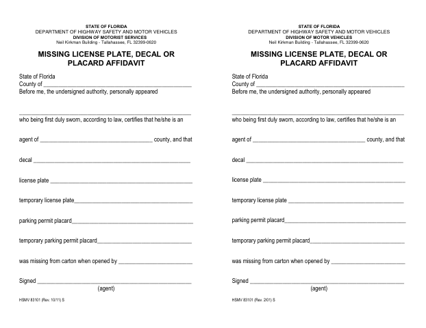 HSMV 83101 Missing License Plate, Decal or Placard Affidavit first page