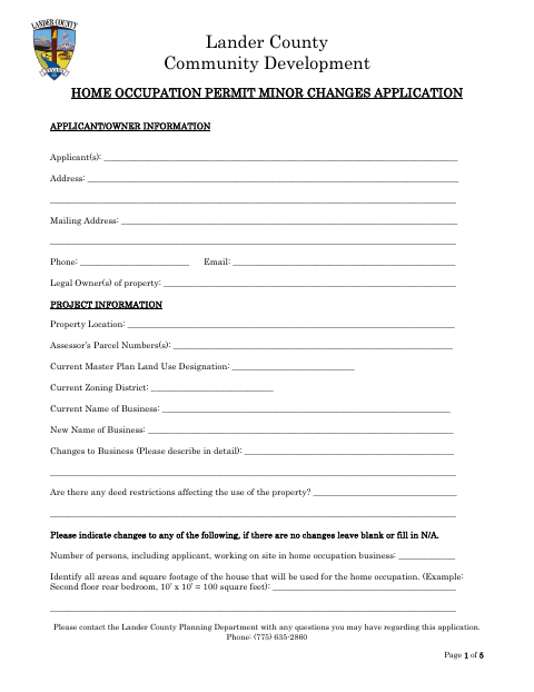 Home Occupation Permit Minor Changes Application, Lander County form, first page