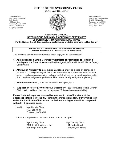 Religious Official Application for Single Ceremony Certificate of Permission to Perform a Marriage, Nye County form, first page