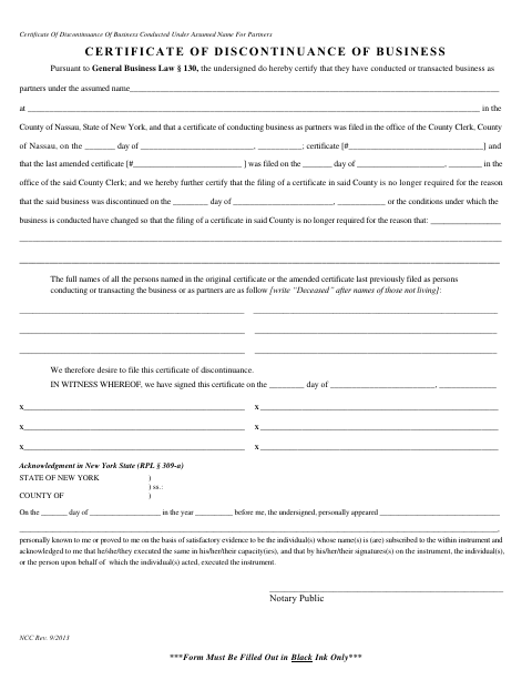 Certificate Of Discontinuance Of Business Conducted Under Assumed Name For Partners, Nassau County form, first page