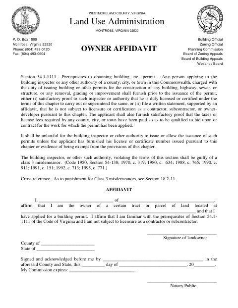 Owner Affidavit, Westmoreland County form, first page