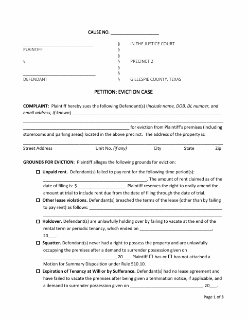 Petition: Eviction Case, Gillespie County form, first page