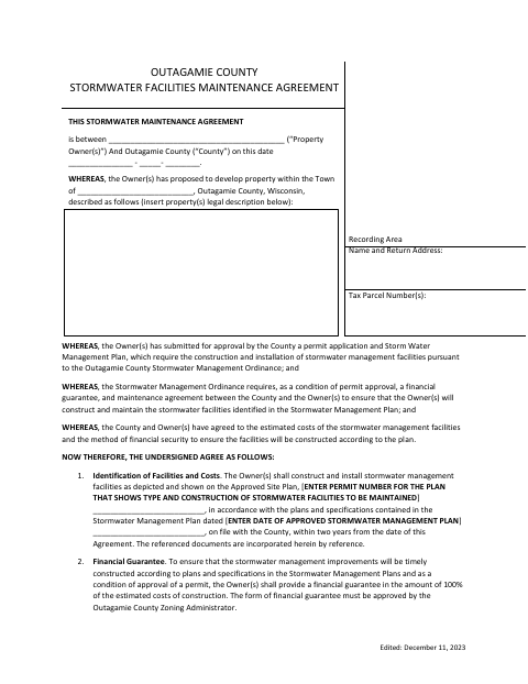 Stormwater Facilities Maintenance Agreement, Outagamie County form, first page