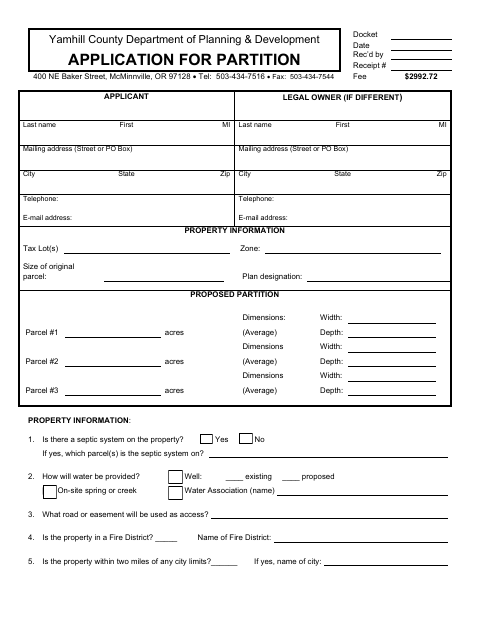 Partition Application, Yamhill County form, first page