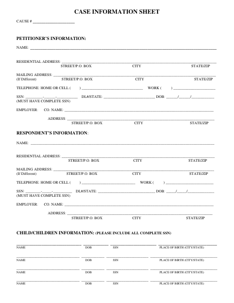 First page of the Case Information Sheet