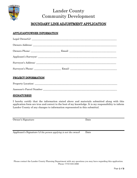 Boundary Line Adjustment Application, Lander County form, first page
