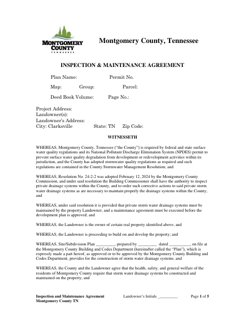 Inspection and Maintenance Agreement, Montgomery County form, first page
