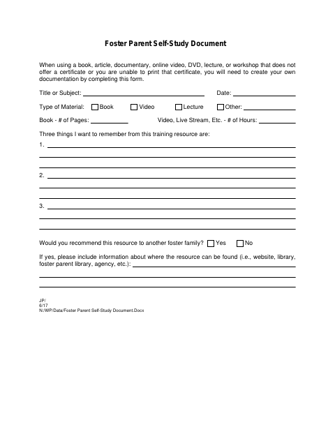 First page of the Foster Parent Self-Study Document