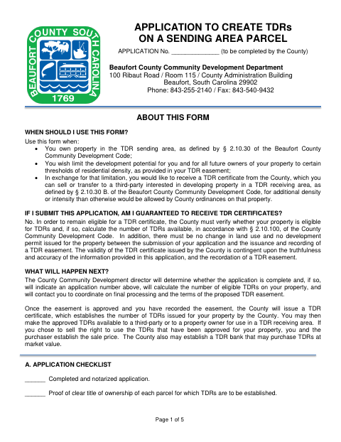 Application to Create TDRs on a Sending Area Parcel, Beaufort County form, first page