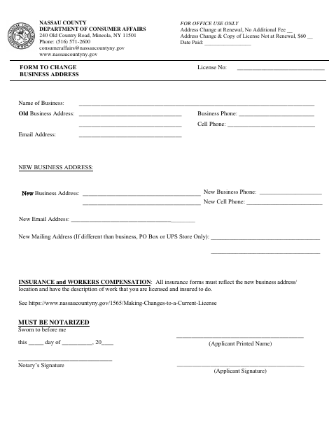Business Address Change Form, Nassau County form, first page