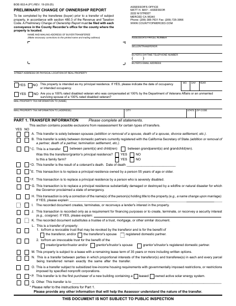 First page of the Preliminary Change of Ownership Report