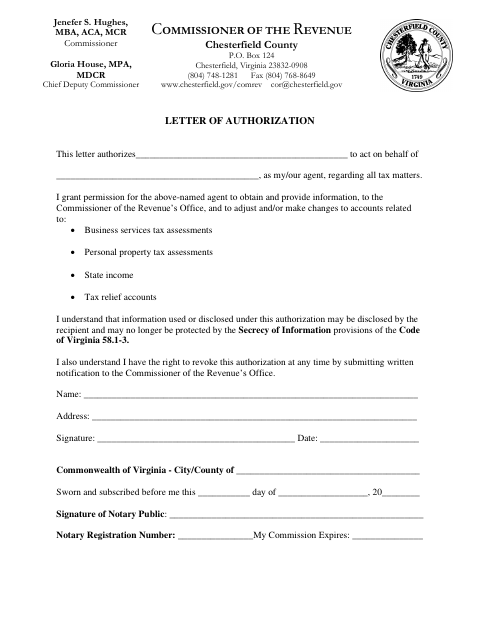Letter of Authorization, Chesterfield County form, first page