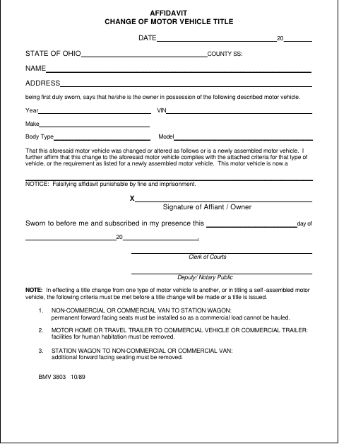 Affidavit Change of Motor Vehicle Title, Lucas County form, first page
