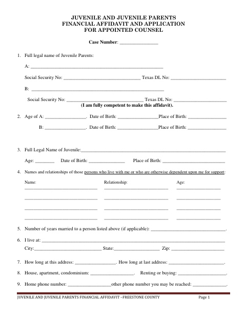 Juvenile and Juvenile Parents Financial Affidavit and Application for Appointed Counsel, Freestone County form, first page