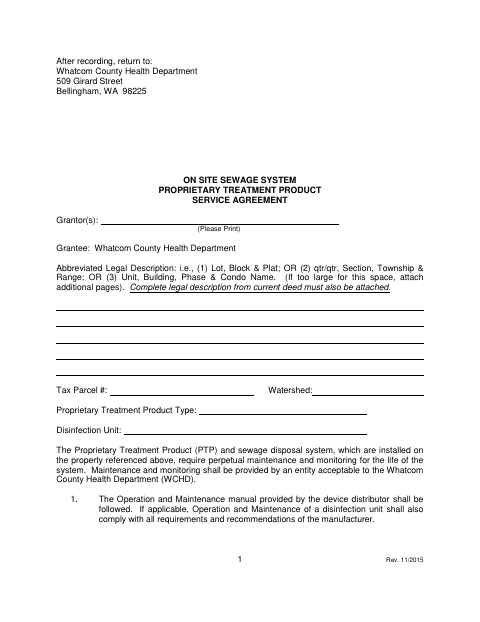 Proprietary Treatment Product Service Agreement, Whatcom County form, first page