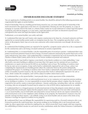 OWNER-BUILDER DISCLOSURE STATEMENT — Miami-Dade County form, first page