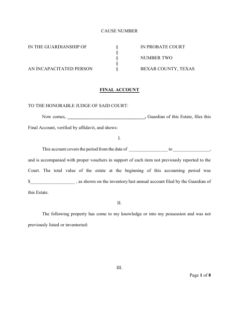 Final Account, Bexar County form, first page