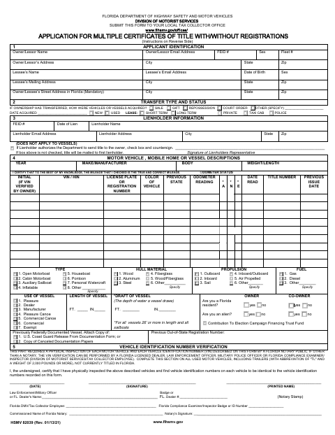 HSMV 82039 Application for Multiple Certificates of Title first page